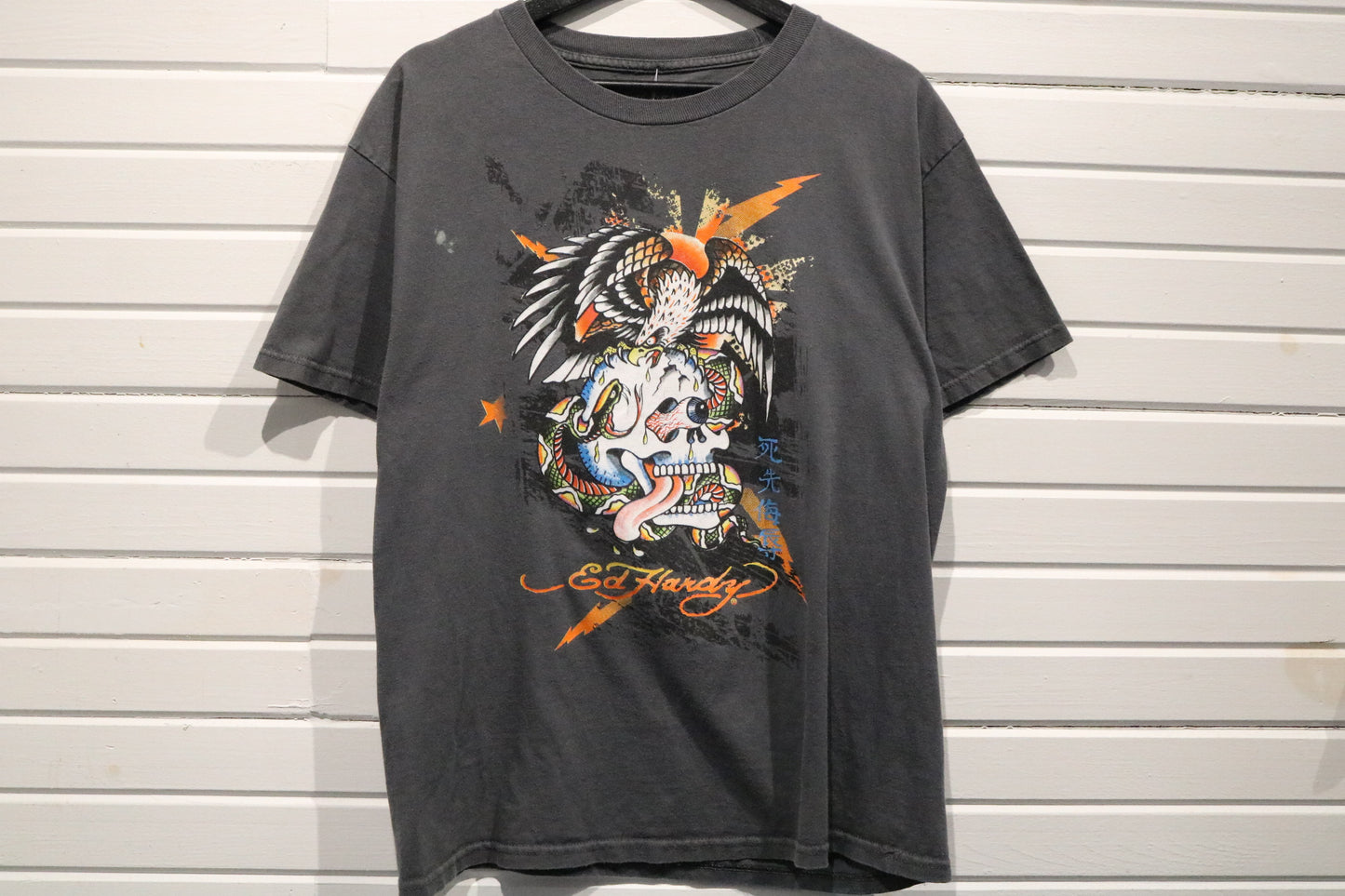Ed-Hardy T-Shirt | Vintage 2000s Eagle Skull Graphic T-Shirt | Faded Charcoal Tee