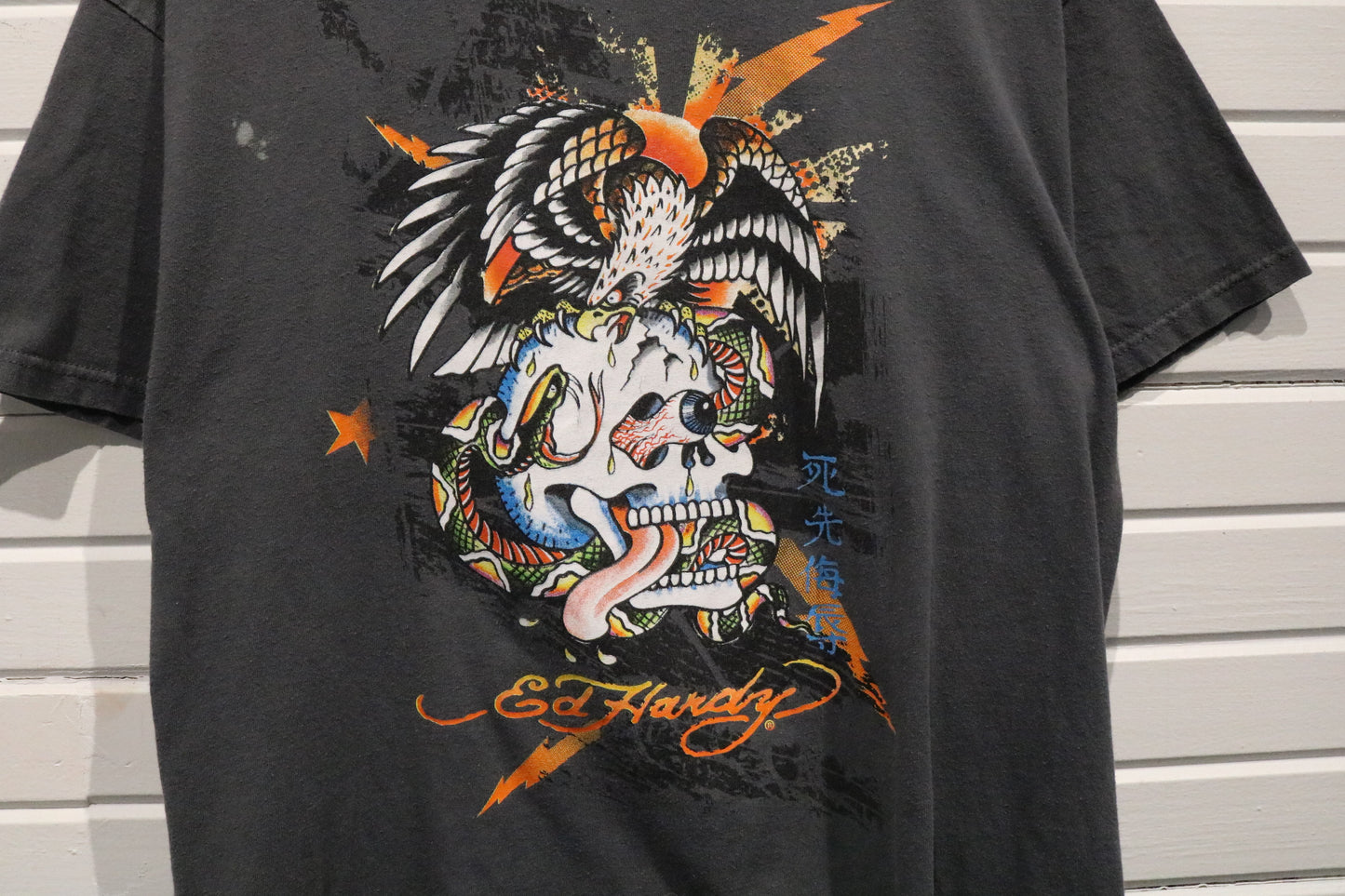 Ed-Hardy T-Shirt | Vintage 2000s Eagle Skull Graphic T-Shirt | Faded Charcoal Tee