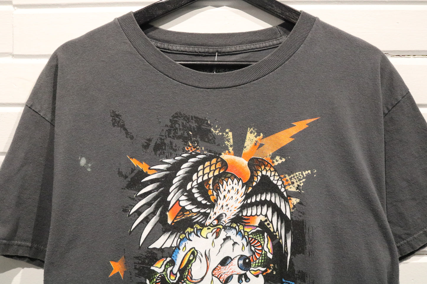 Ed-Hardy T-Shirt | Vintage 2000s Eagle Skull Graphic T-Shirt | Faded Charcoal Tee