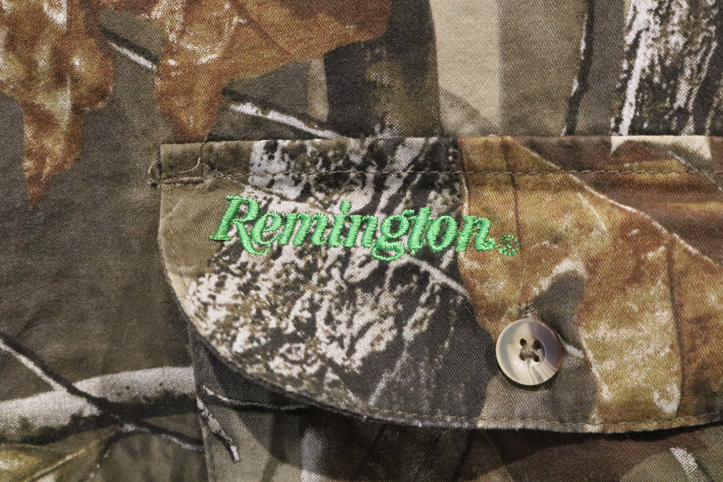 Remington Button-Up Shirt | Vintage Woodland Camouflage Long Sleeve Shirt | Outdoor Hunting Workwear