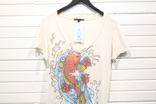 Truly-Madly-Deeply T-Shirt | Vintage 2000s Koi Fish Graphic V-Neck Tee | Tattoo Style Top