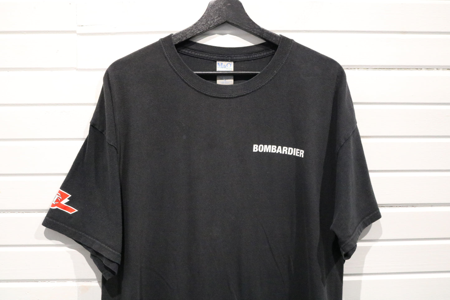 Bombardier T-Shirt | Vintage Black Logo Graphic Tee | Canadian Flag Sleeve Print