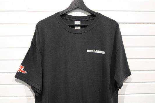Bombardier T-Shirt | Vintage Black Logo Graphic Tee | Canadian Flag Sleeve Print