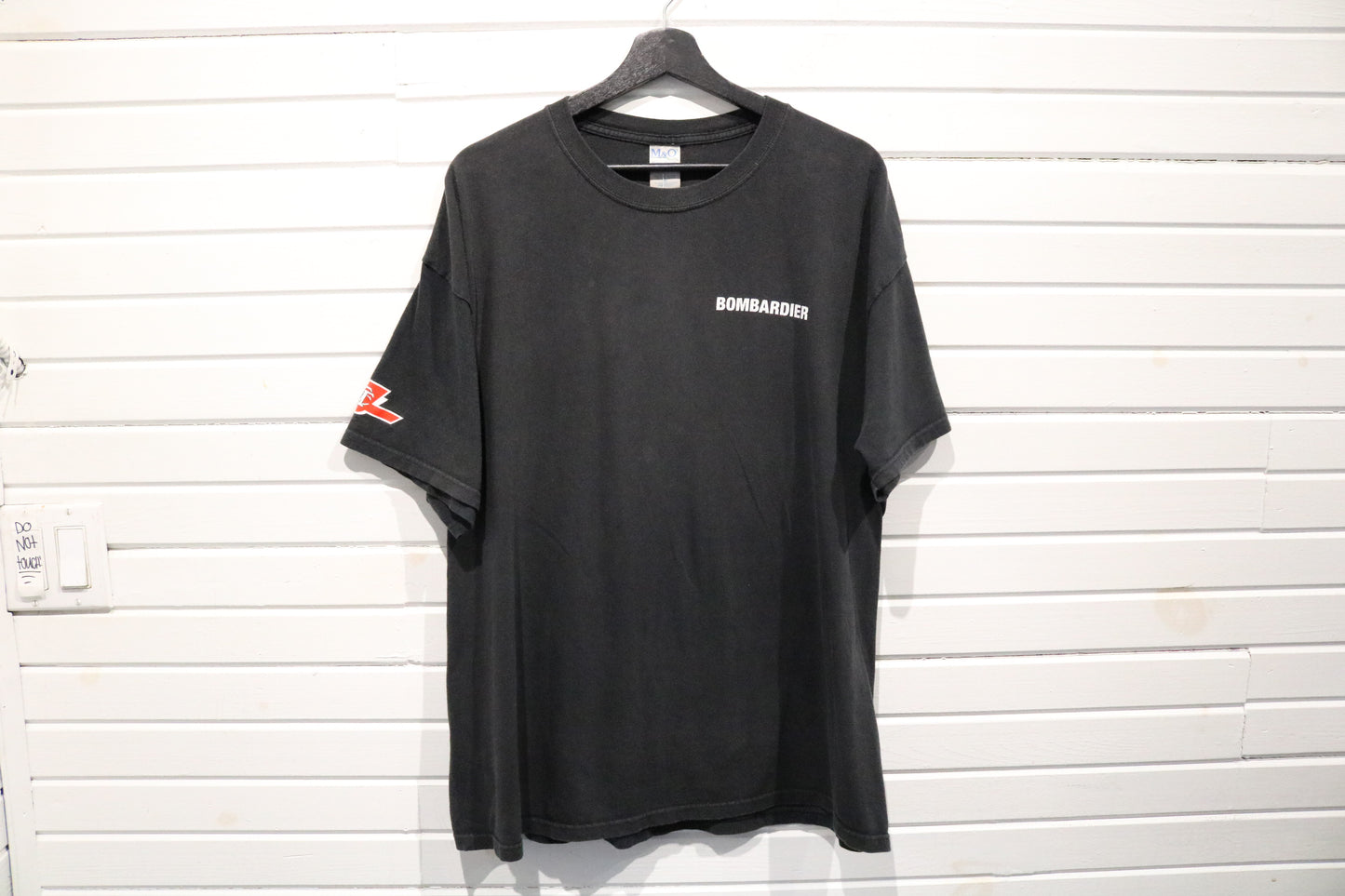 Bombardier T-Shirt | Vintage Black Logo Graphic Tee | Canadian Flag Sleeve Print