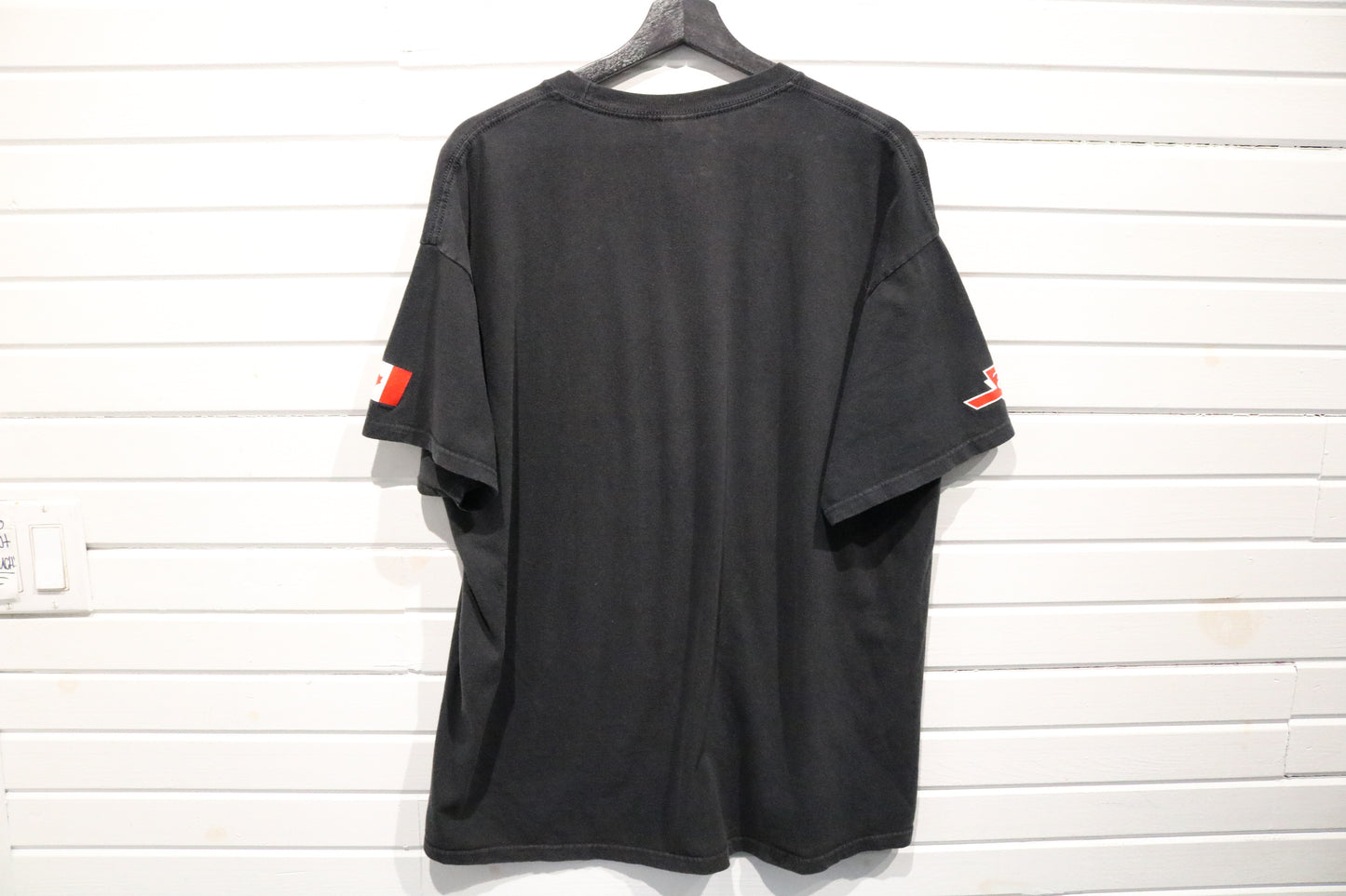 Bombardier T-Shirt | Vintage Black Logo Graphic Tee | Canadian Flag Sleeve Print