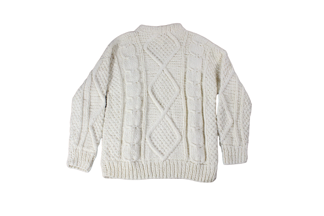 Vintage 80s Hand Knitted Wool Cable Knit Sweater Beige