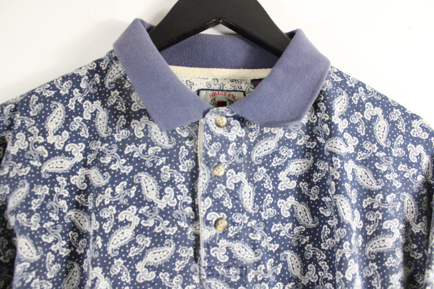 Paisley-Print Rugby Shirt / 90s Vintage Color-Block Polo Top / Blue & White / Hip Hop Clothing / Streetwear