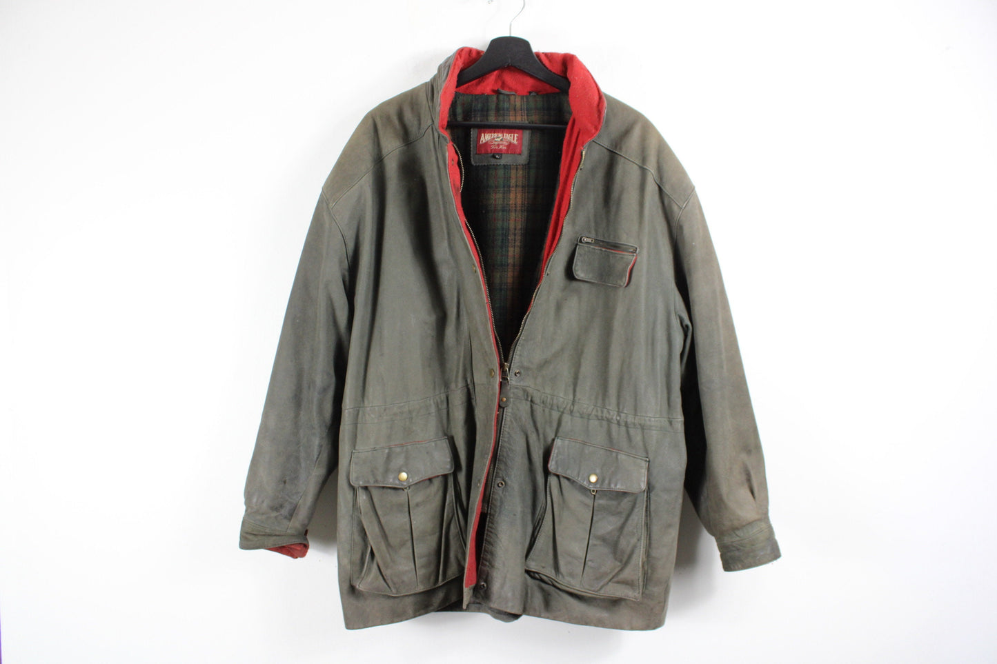 American-Eagle Waxed-Leather Barn-Jacket / Vintage Carpenter Work-Wear Utility Coat / Heavy Construction Clothing