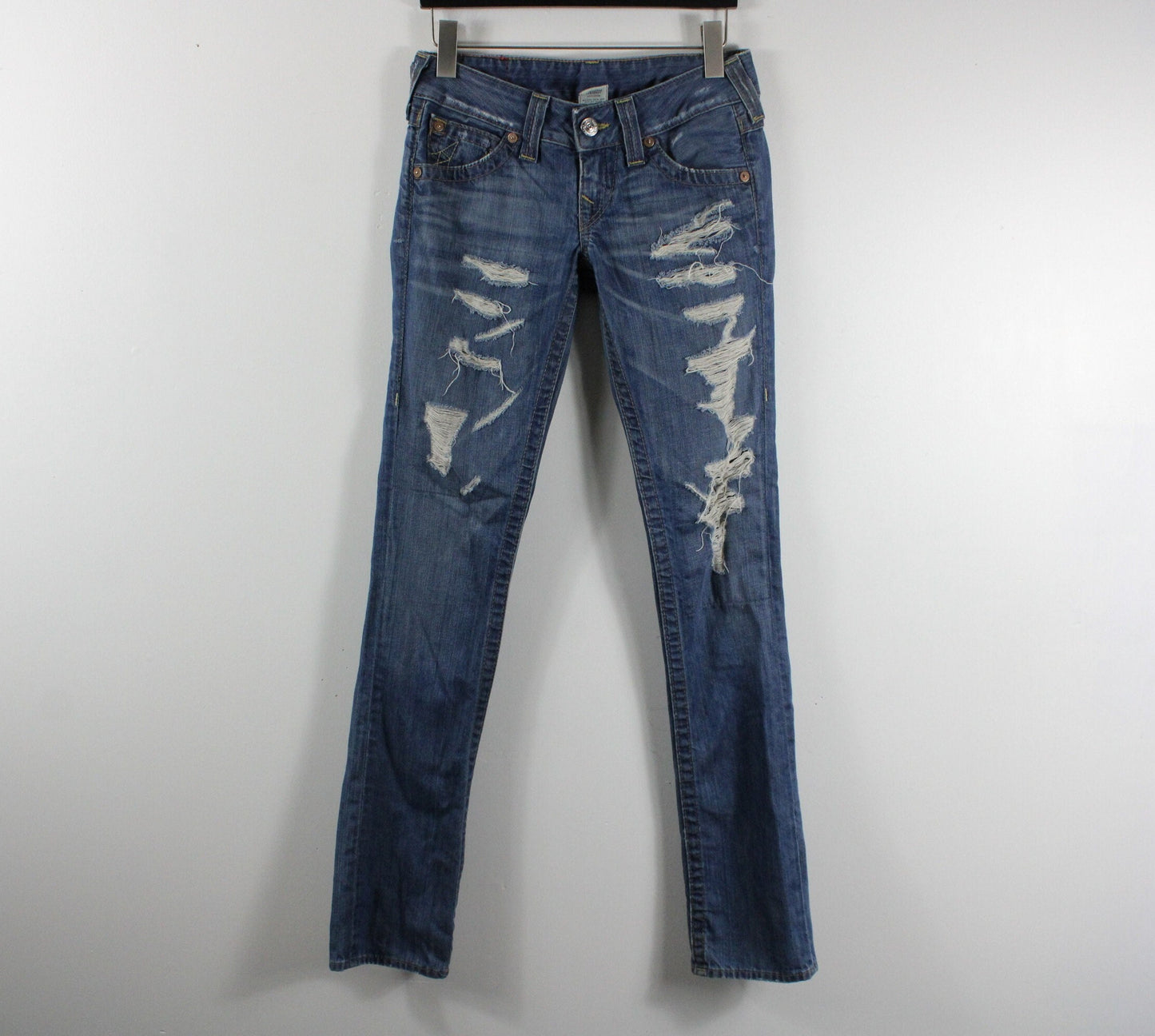True Religion Jeans / Vintage Ripped Denim Trouser / 2000's Y2K Streetwear Clothing / Dark Blue / Size 26