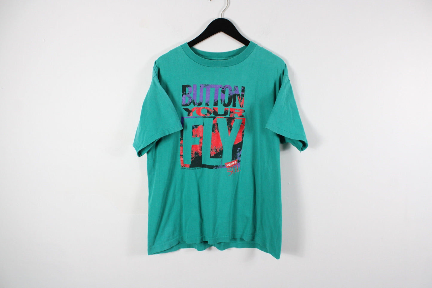Vintage Levi's-501 T-Shirt / 90s Aqua-Blue Button Your Fly Logo Tee / Hip Hop Clothing / Streetwear