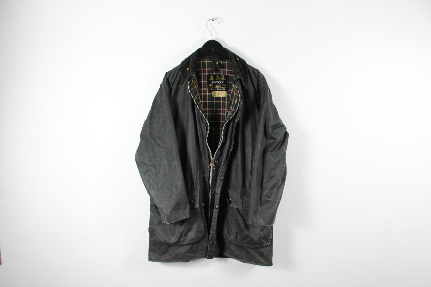 Barbour-Border Waxed-Leather Barn-Field-Jacket / Vintage Carpenter Work-Wear Utility Coat / Heavy Construction Clothing