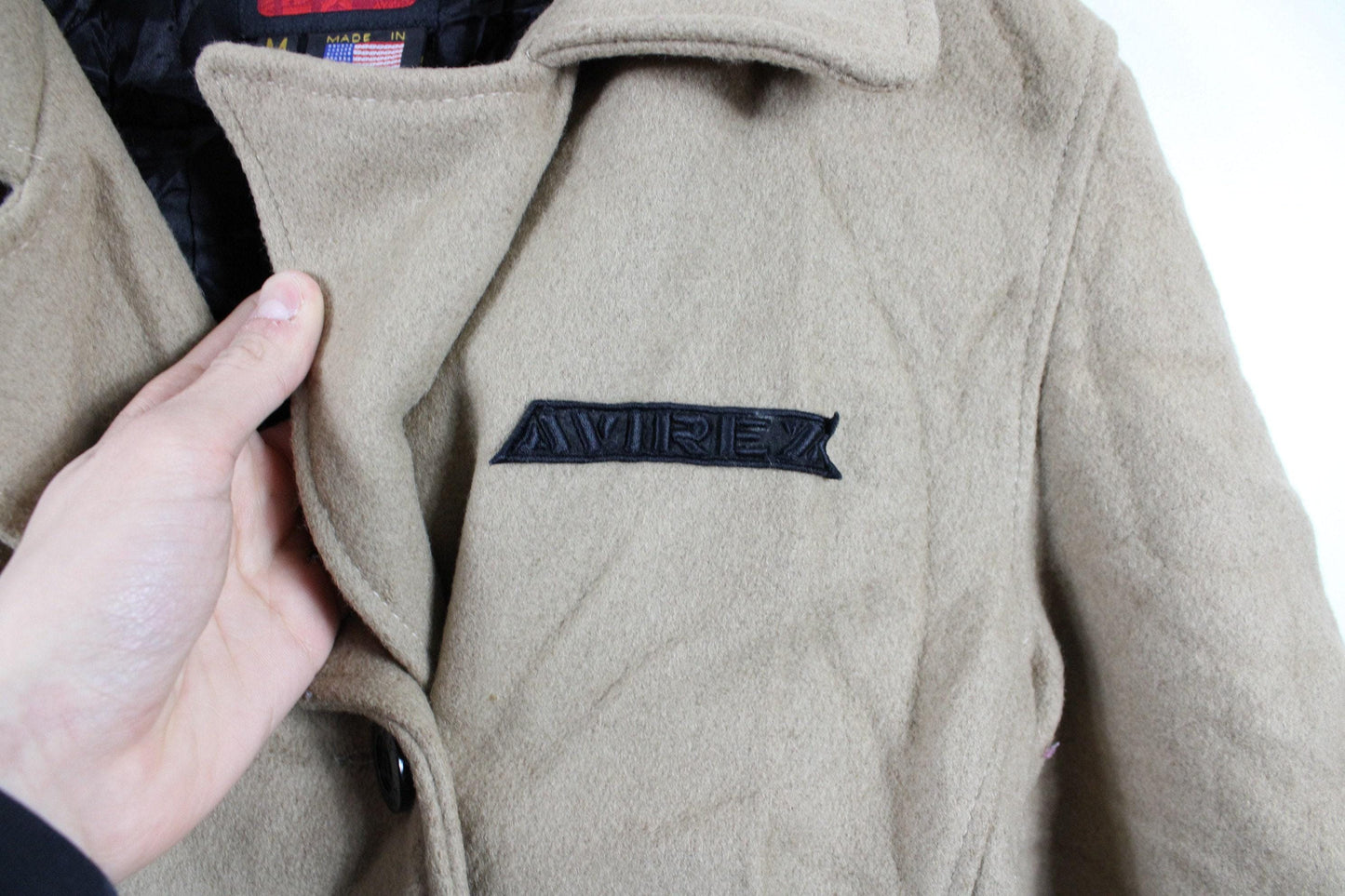 Avirex wool camel hair pea-coat / long vintage lined unisex jacket / winter / spring / autumn