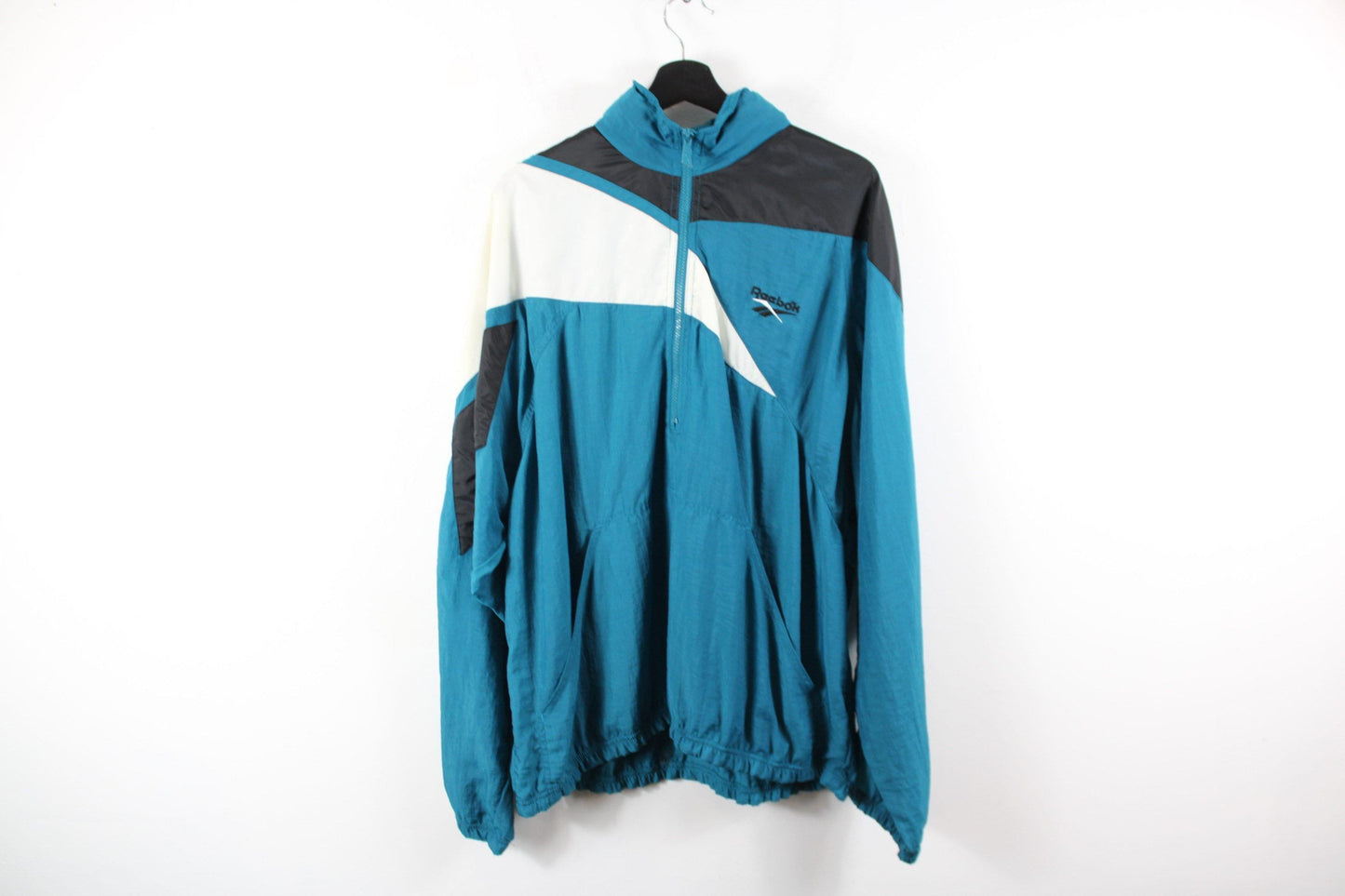 Vintage 1990s reebok teal windbreaker / quarter zip-up shell jacket / 90s hip hop clothing / streetwear / athletic wear