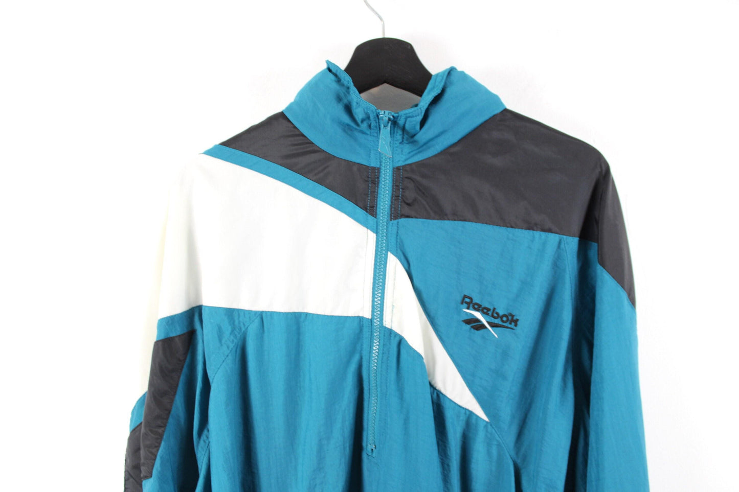 Vintage 1990s reebok teal windbreaker / quarter zip-up shell jacket / 90s hip hop clothing / streetwear / athletic wear