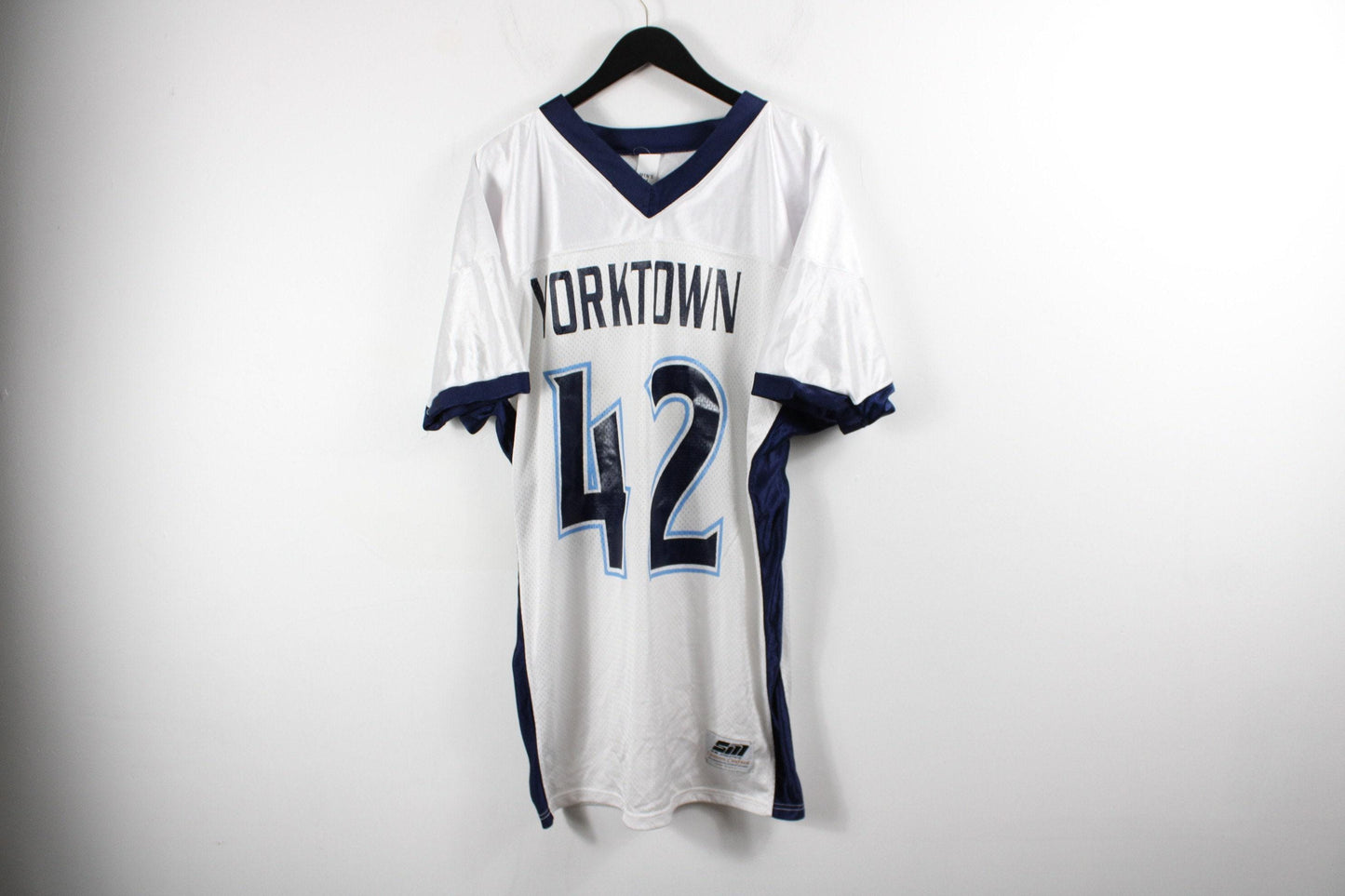 American-football jersey / vintage blue + white cotton wash shirt / 90s sports team uniform