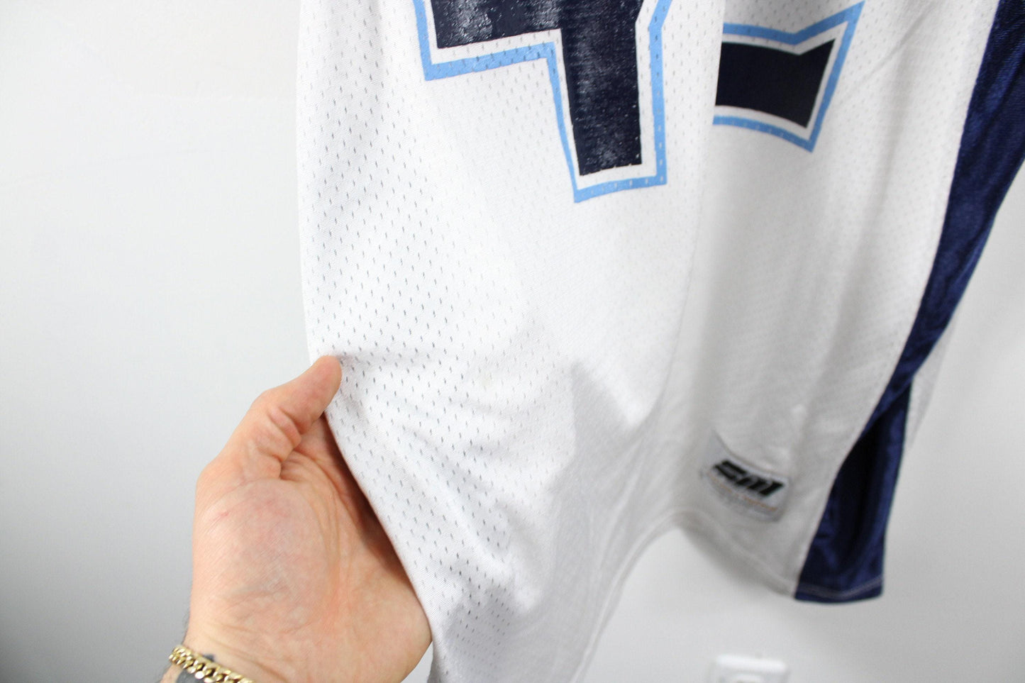 American-football jersey / vintage blue + white cotton wash shirt / 90s sports team uniform