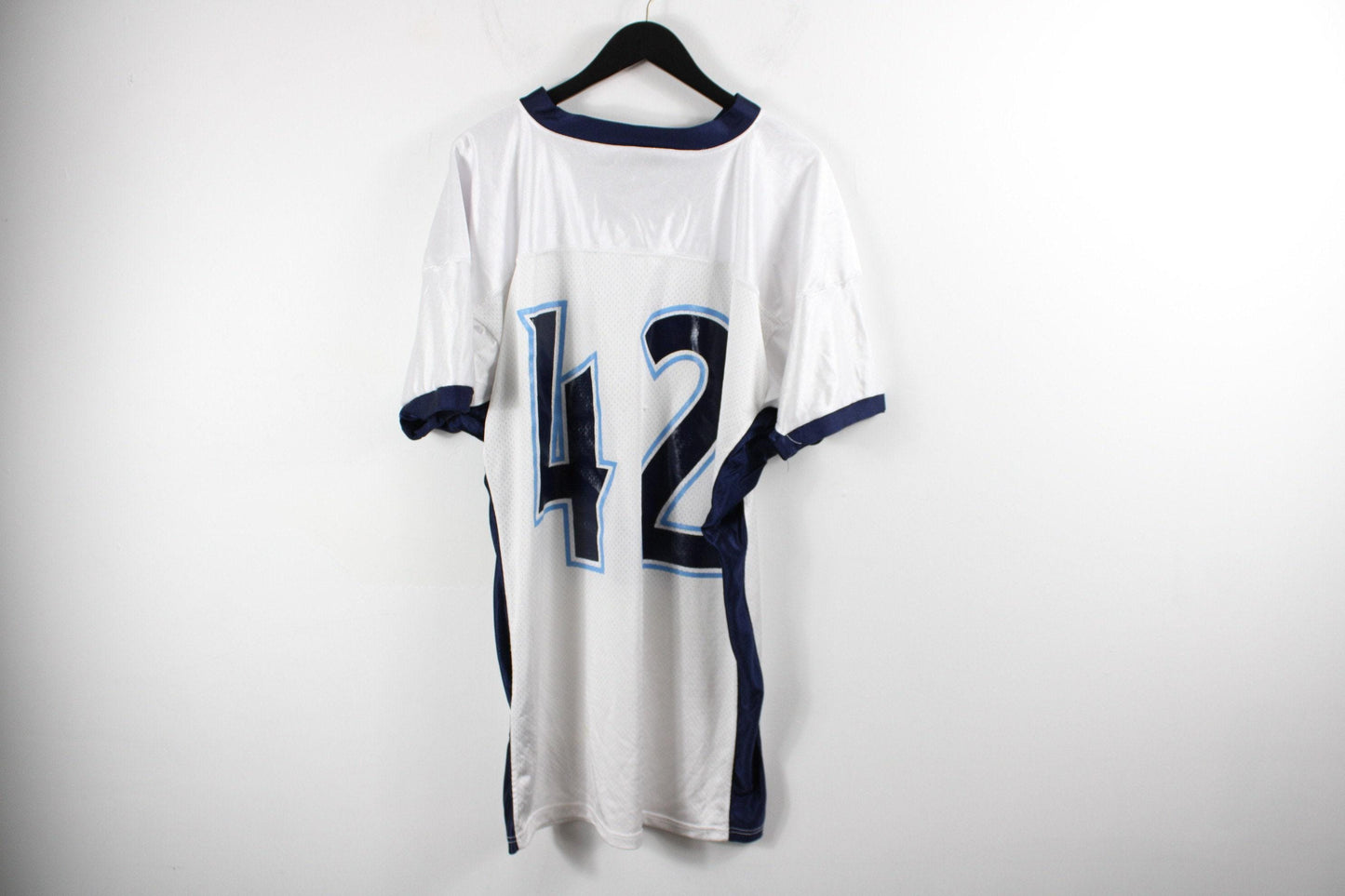 American-football jersey / vintage blue + white cotton wash shirt / 90s sports team uniform