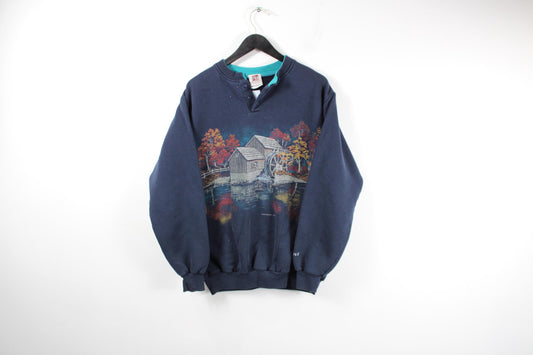 Cottage Forest Cabin Sweater / Vintage Animal Sweatshirt / Teal Blue + Navy / Size L