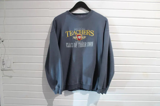 Big-Dog Teachers Crewneck Sweater | Vintage 1980s Embroidered Teacher Graphic Pullover | Classic Staff Appreciation Apparel