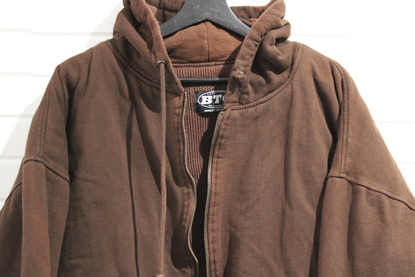 BTC Hooded Work Jacket | Vintage 1990s Brown Zip-Up Outerwear | Heavyweight Winter Coat