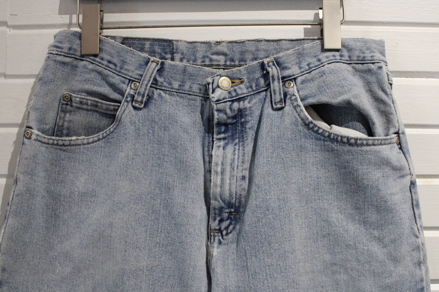 Wrangler Jeans | Vintage 1990s Light Wash Relaxed Fit Denim Pants | Distressed Straight Leg Jeans