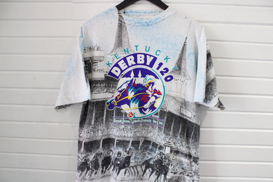 Kentucky Derby 120 T-Shirt | Vintage 1994 All-Over Horse Racing Graphic Tee | Men's Size XL | Churchill Downs Collectible