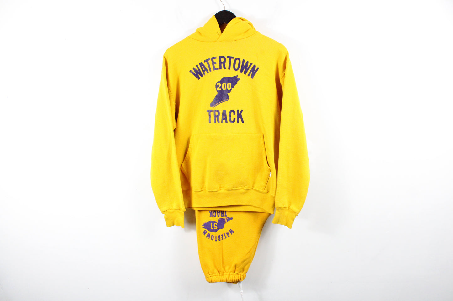 Watertown Track Hoodie Sweatpants Set | Vintage 90s Yellow Graphic Athletic Hoody & Joggers | Retro Sports Team Sweatsuit