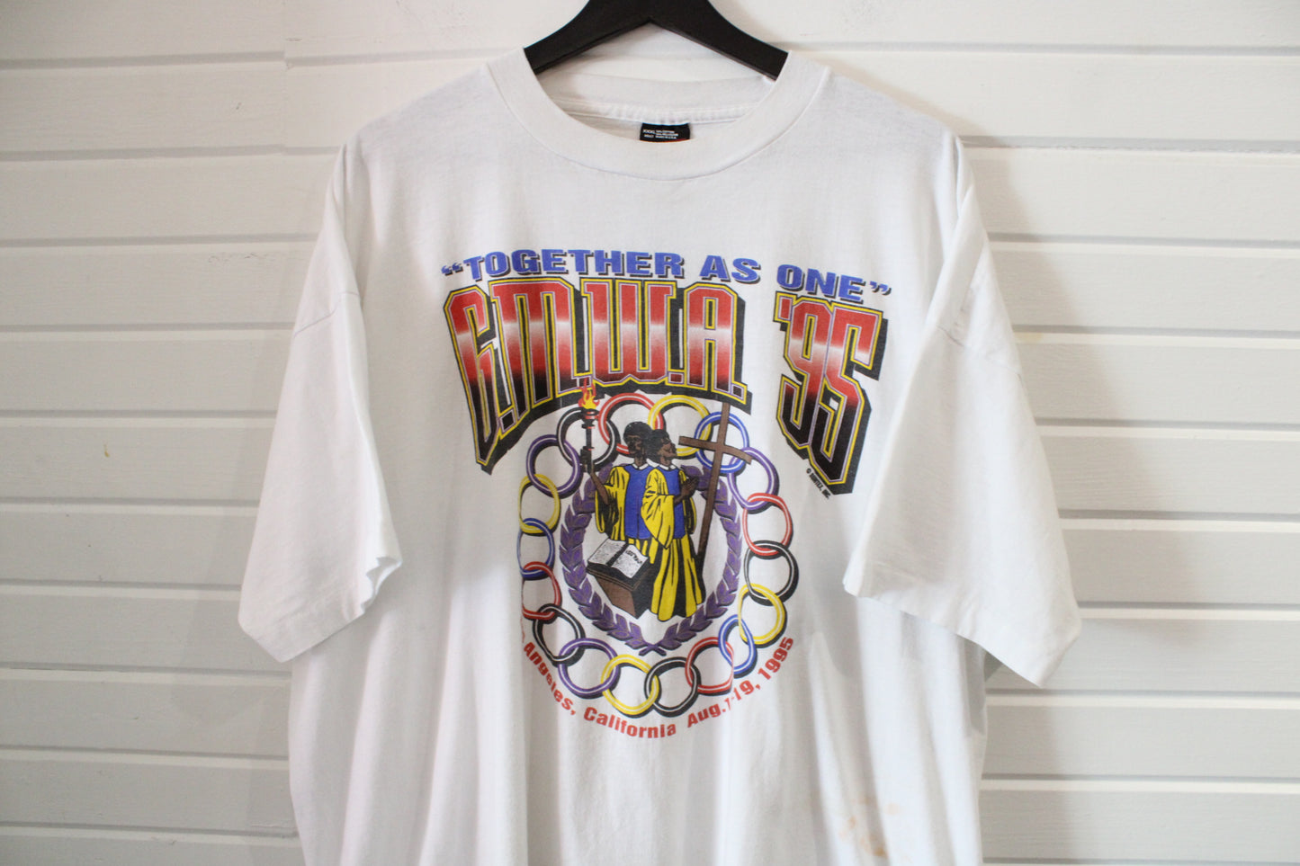 GMWA T-Shirt | Vintage 1995 Together As One Los Angeles Gospel Graphic Tee | White Men's Short Sleeve