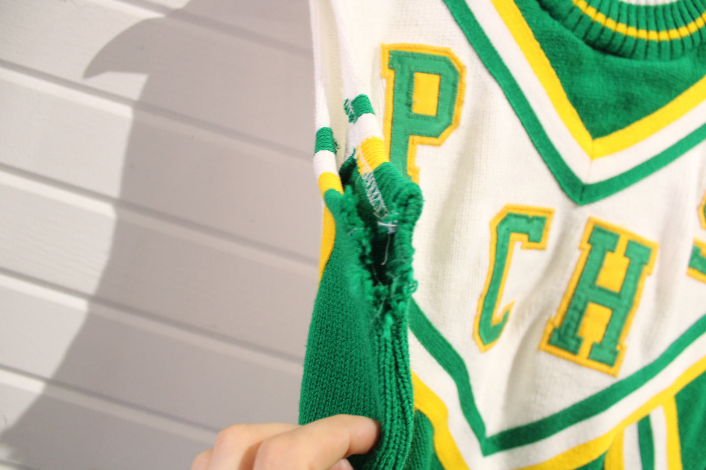 PCHS Cheerleader Sweater Vest | Vintage 70s-80s School Spirit Knit | Green And Yellow Pom Squad Top | Retro Cheer Uniform