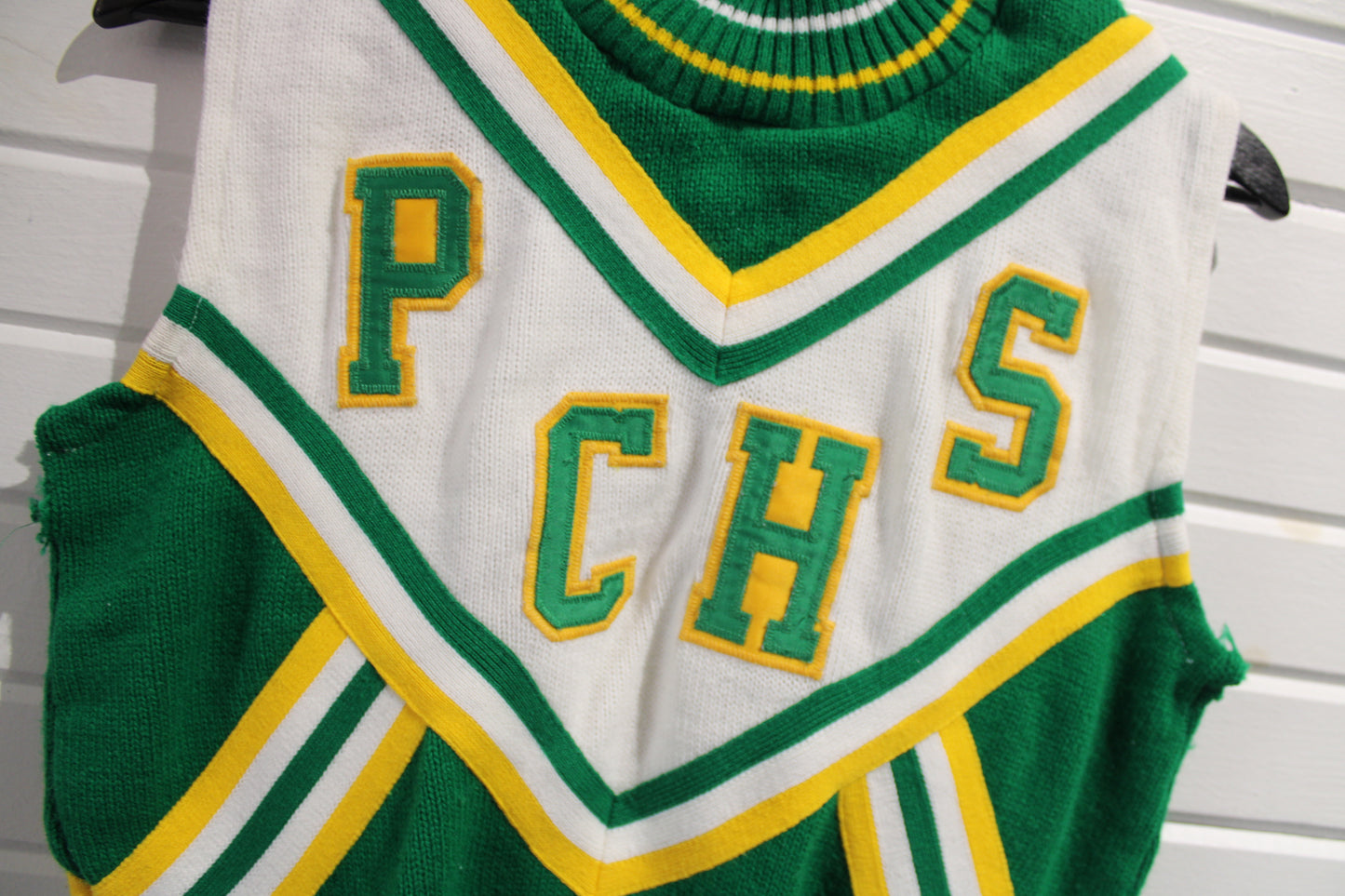 PCHS Cheerleader Sweater Vest | Vintage 70s-80s School Spirit Knit | Green And Yellow Pom Squad Top | Retro Cheer Uniform