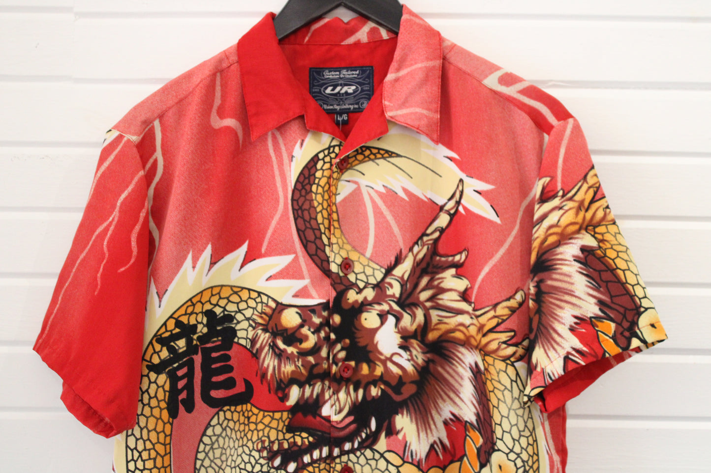 Urban-Rags Dragon Shirt | Vintage 90s Asian Art Graphic Short Sleeve Button Up | Red Statement Top