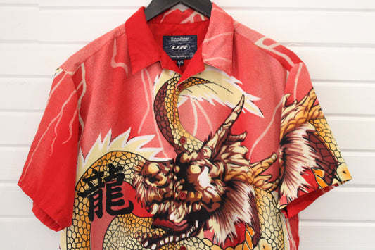 Urban-Rags Dragon Shirt | Vintage 90s Asian Art Graphic Short Sleeve Button Up | Red Statement Top