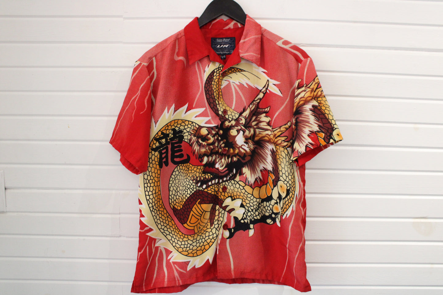 Urban-Rags Dragon Shirt | Vintage 90s Asian Art Graphic Short Sleeve Button Up | Red Statement Top