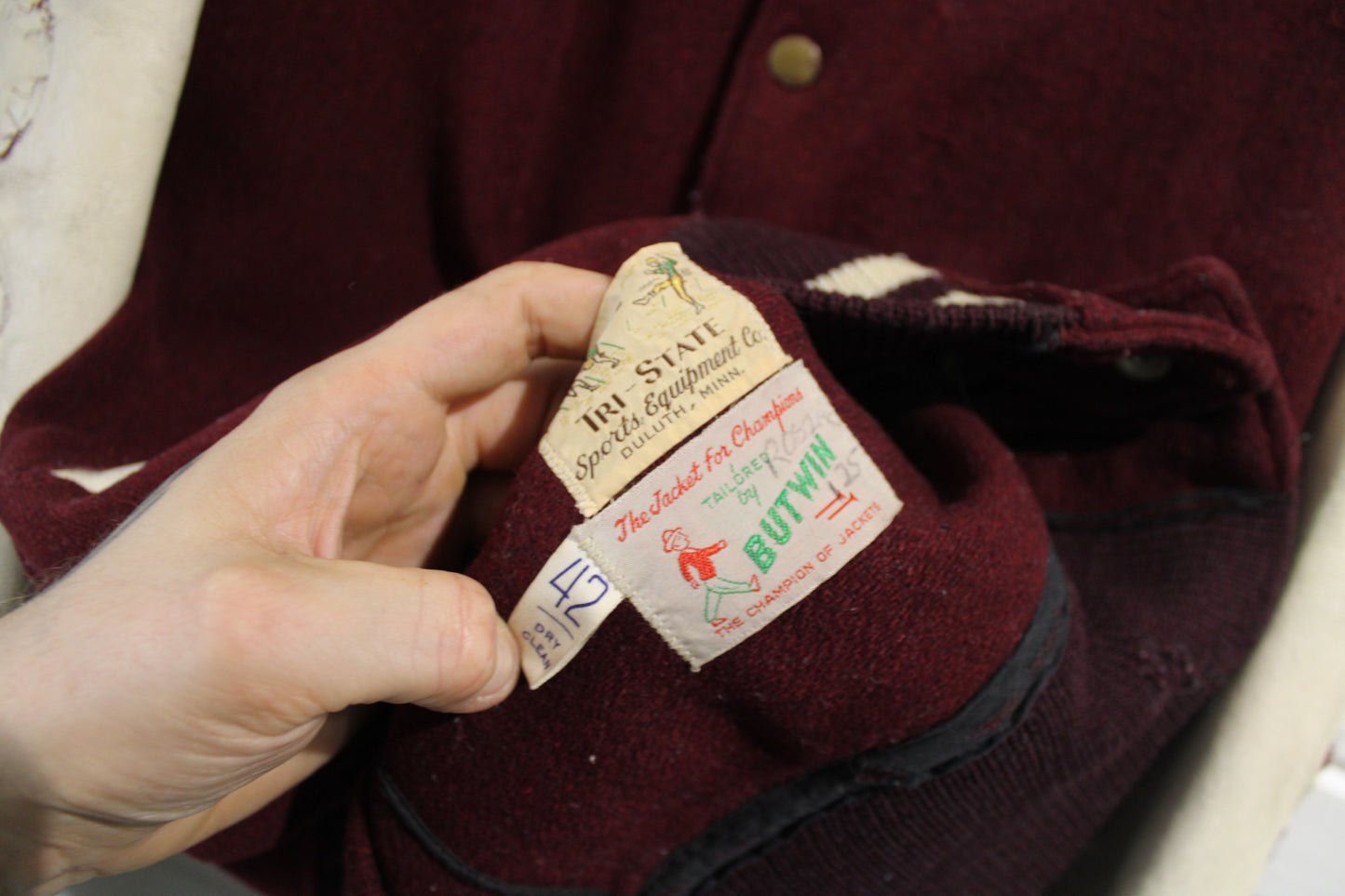 Butwin Varsity Jacket | Vintage 50s Maroon Letterman Coat Leather Sleeves | Classic Sportswear