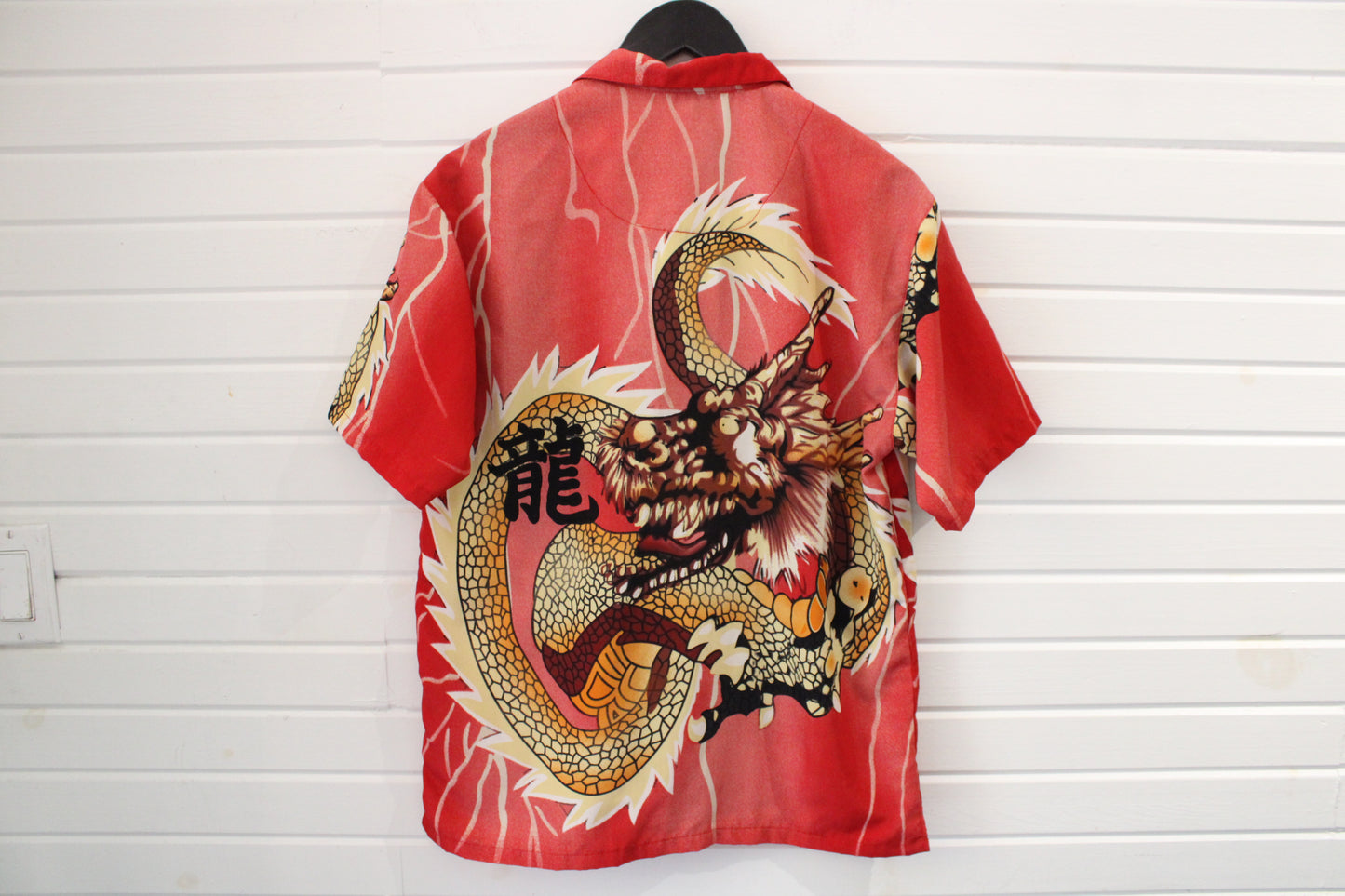 Urban-Rags Dragon Shirt | Vintage 90s Asian Art Graphic Short Sleeve Button Up | Red Statement Top