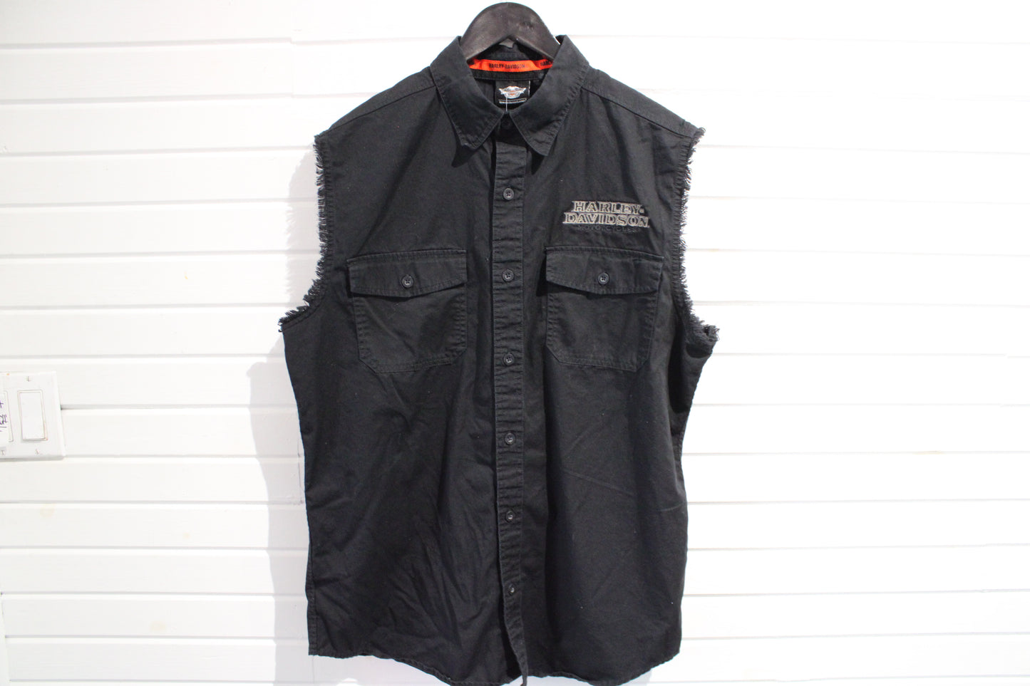 Harley-Davidson Sleeveless Shirt | Vintage Black Frayed Armhole Button-Up | Motorcycle Flame Graphic Biker Vest
