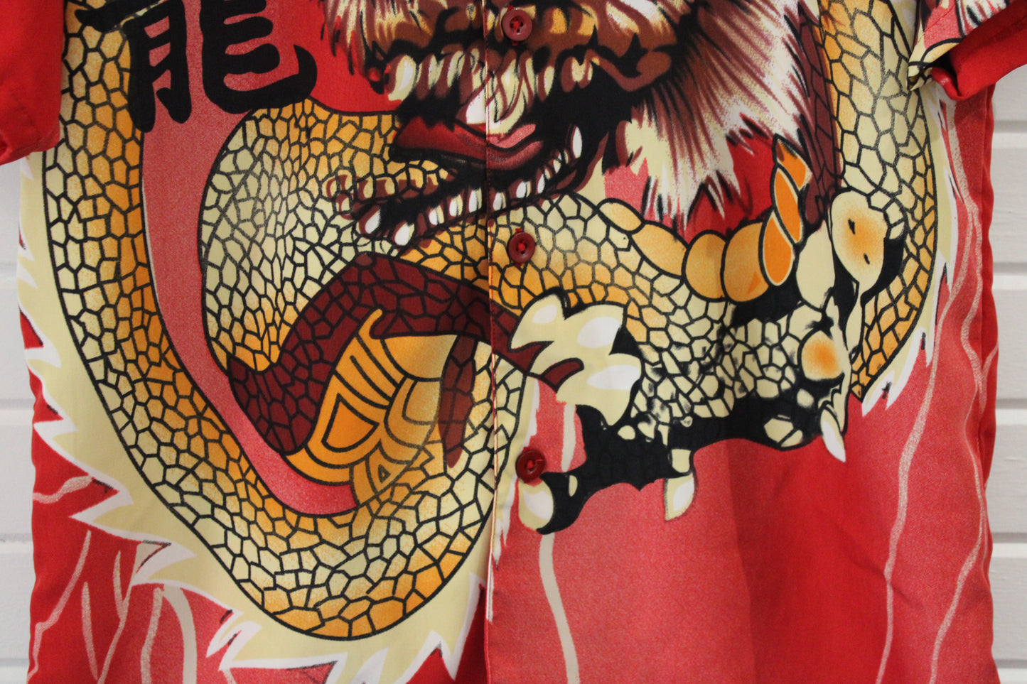 Urban-Rags Dragon Shirt | Vintage 90s Asian Art Graphic Short Sleeve Button Up | Red Statement Top