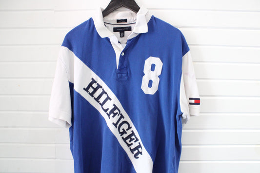 Tommy-Hilfiger Rugby Shirt | Vintage 90s Preppy Striped Polo Rugby Top | Classic Blue-White Short Sleeve