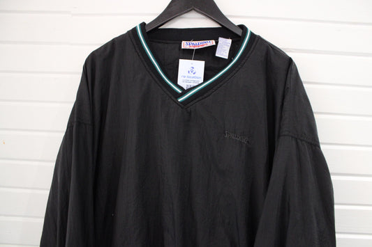Spalding Athletic Pullover Jacket | Vintage 90s Sportswear Windbreaker | Black Nylon V-Neck | Extra Large