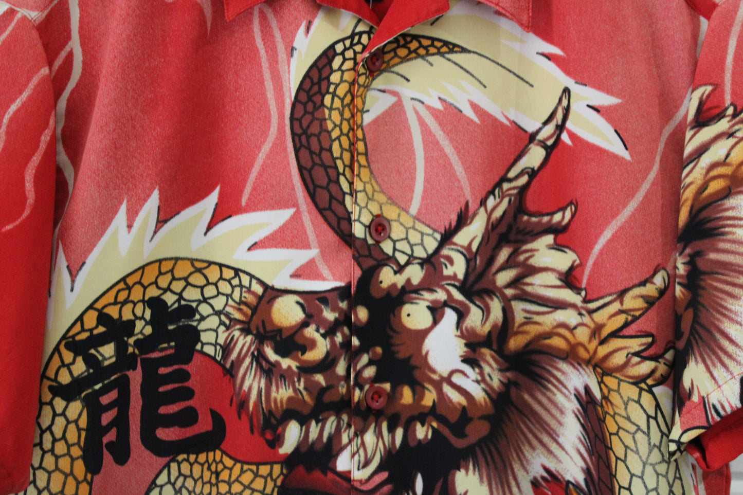 Urban-Rags Dragon Shirt | Vintage 90s Asian Art Graphic Short Sleeve Button Up | Red Statement Top