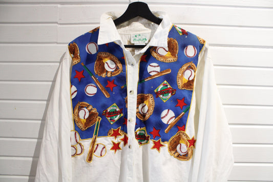 Quacker-Factory Baseball Shirt | Vintage 1990s Sports-Themed Button-Up Shirt | Novelty Embroidered Casual Wear