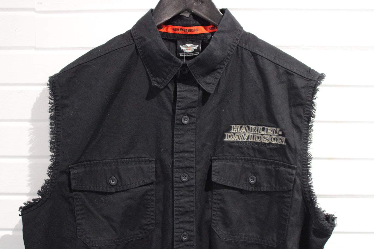 Harley-Davidson Sleeveless Shirt | Vintage Black Frayed Armhole Button-Up | Motorcycle Flame Graphic Biker Vest