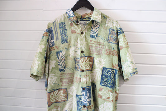 Bishop-St Apparel Hawaiian Shirt | Vintage 90s Made-In-Hawaii Short Sleeve Button-Up | Abstract Floral Island Top