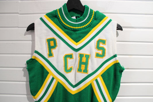 PCHS Cheerleader Sweater Vest | Vintage 70s-80s School Spirit Knit | Green And Yellow Pom Squad Top | Retro Cheer Uniform