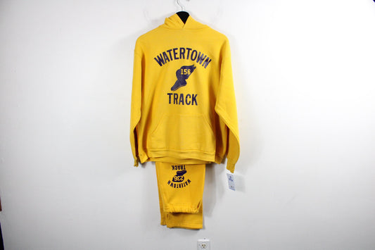 Watertown Track Suit | Vintage 70s Yellow Graphic Athletic Hoodie & Sweatpants Set | Classic Sportswear