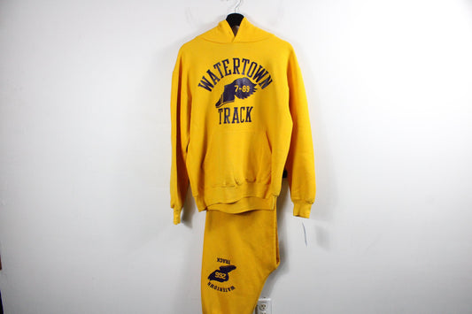 Watertown Track Suit | Vintage 80s-90 Yellow Graphic Athletic Hoodie & Sweatpants Set | Classic Sportswear