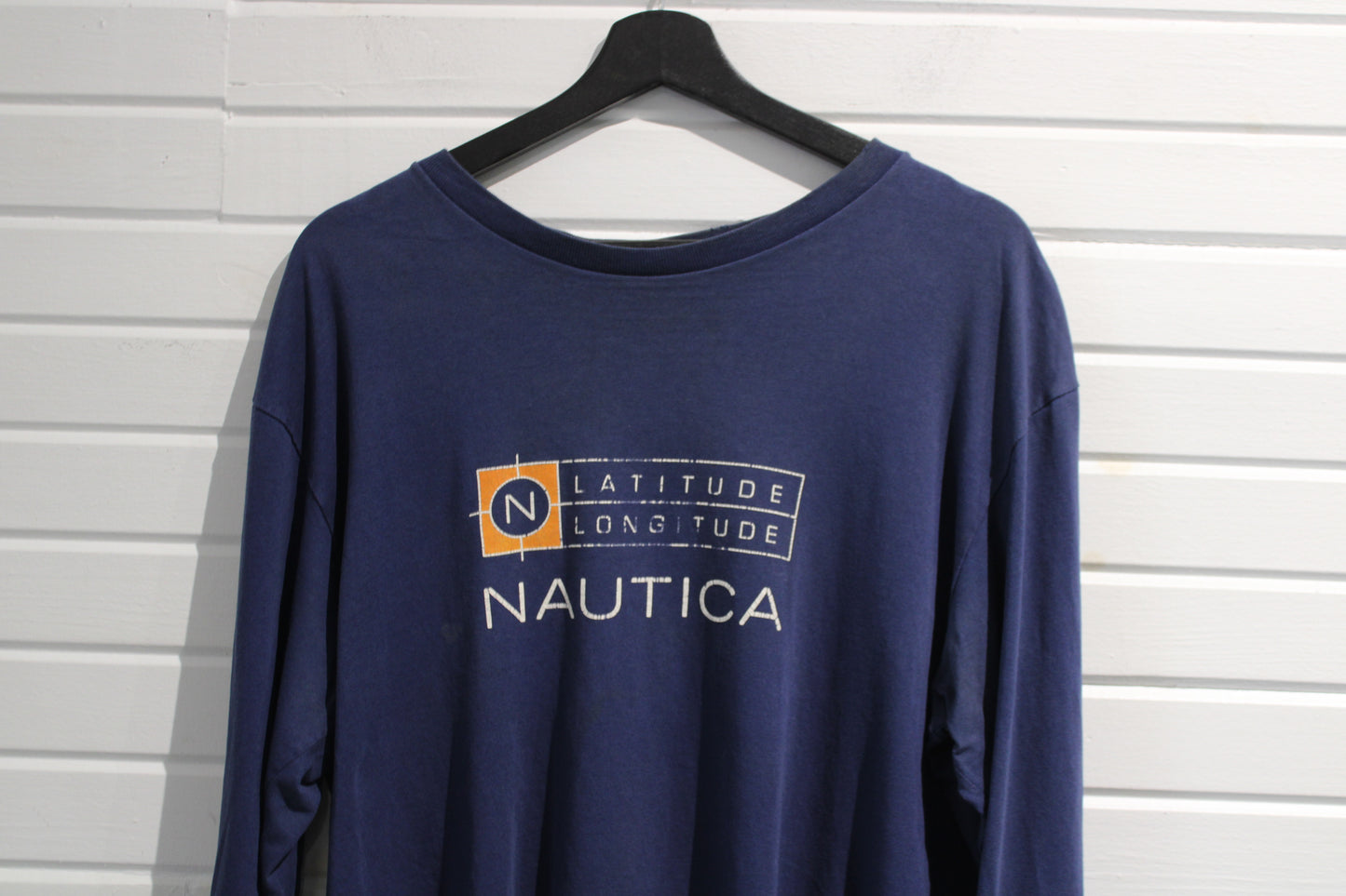 Nautica Long Sleeve Shirt | Vintage Nautica Latitude-Longitude Graphic Tee | Classic Navy Blue Casual Top