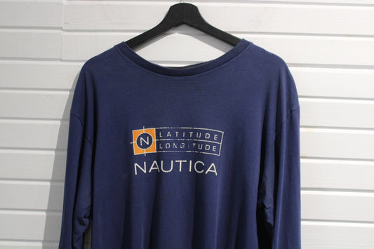 Nautica Long Sleeve Shirt | Vintage Nautica Latitude-Longitude Graphic Tee | Classic Navy Blue Casual Top