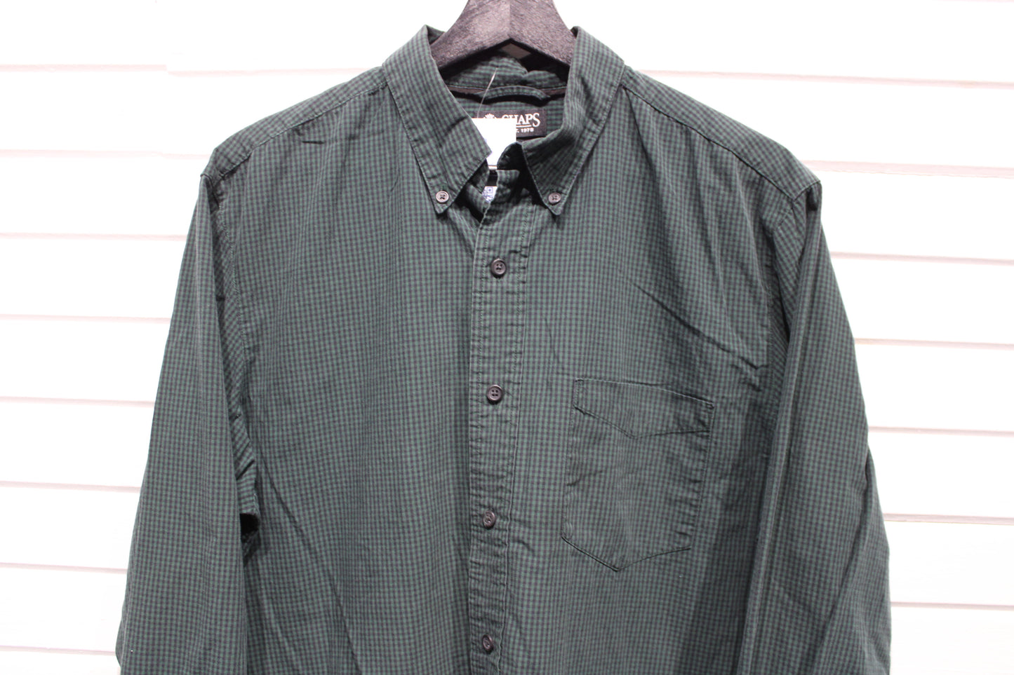 Chaps Button-Up Shirt | Vintage Classic Green Check Casual Shirt | Everyday Long Sleeve Top