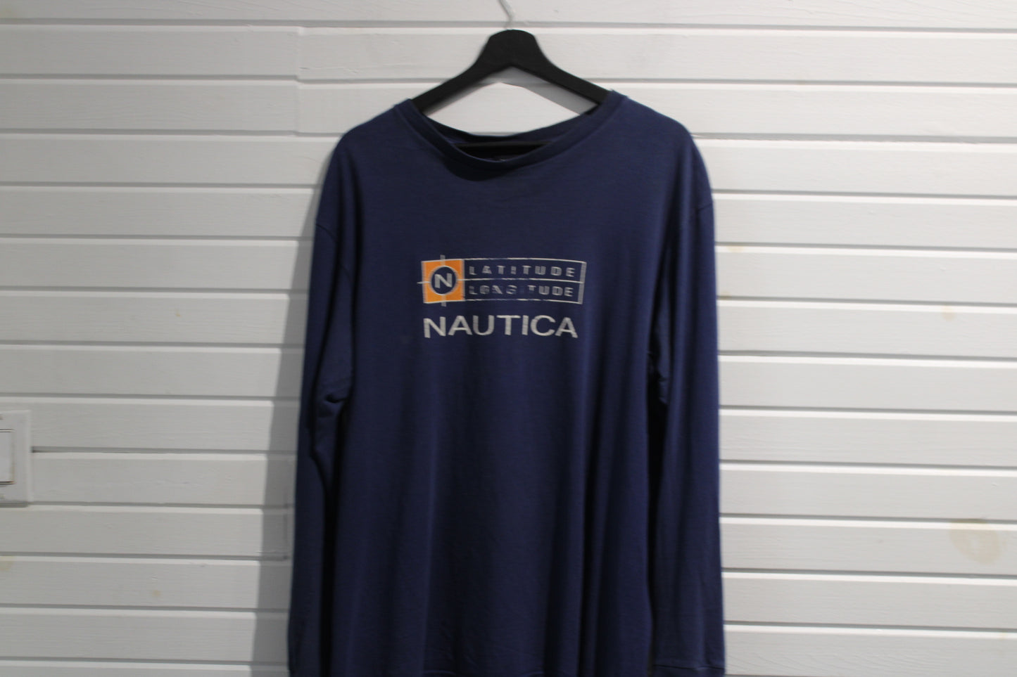 Nautica Long Sleeve Shirt | Vintage Nautica Latitude-Longitude Graphic Tee | Classic Navy Blue Casual Top